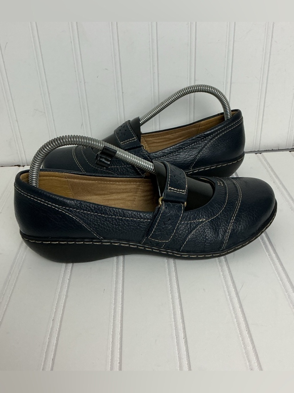 Clarks Ashland Elayne Women 8.5 Wide Navy Blue Leather Mary Jane Comfort Shoes
